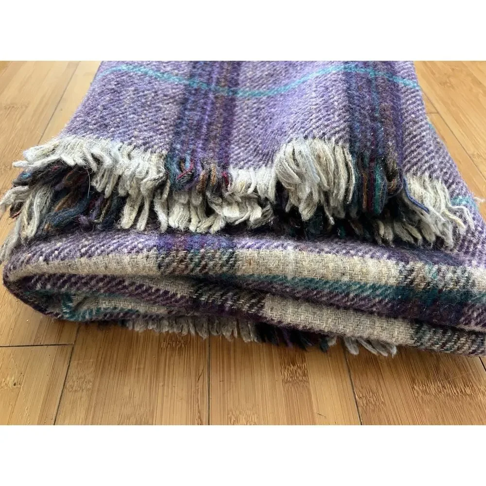 Edinburgh Tartan Shop Pure Wool Purple Blue Grey Plaid Blanket 63x55” Britain